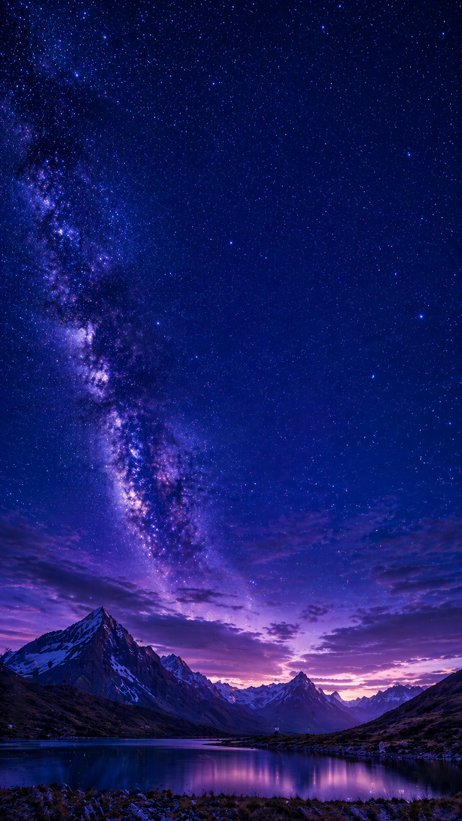 Milky Way night sky stars mountain landscape deep blue purple cosmic spiritual background